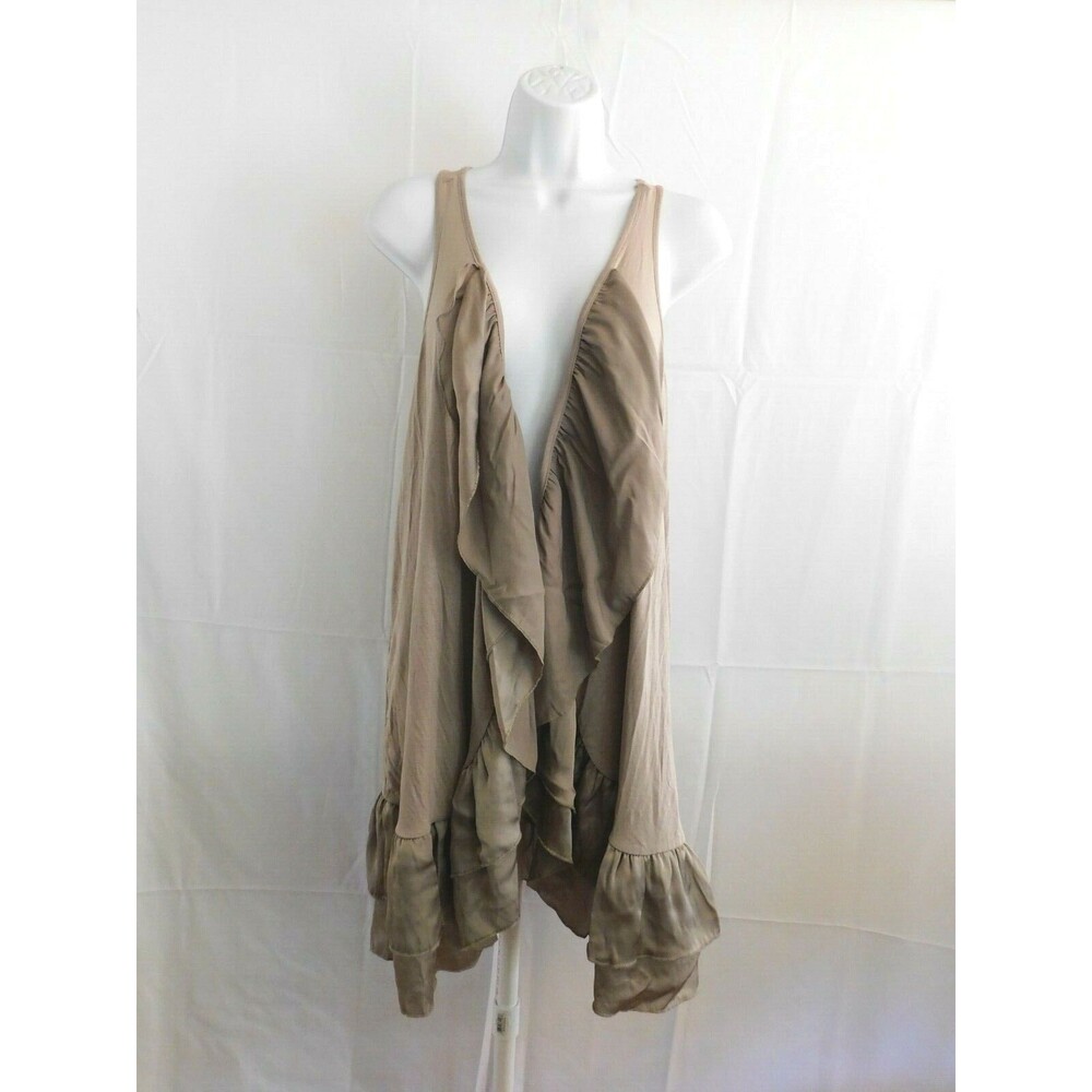 Studio Y Cardigan Women's Taupe Open Front Satin Ruffles Size XL